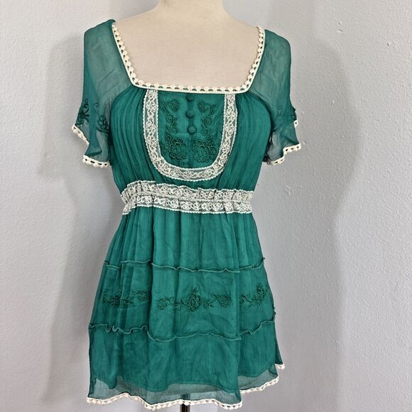 MM Couture By Miss Me Top Womens M Green Silk Fairycore Coquette Y2K 90s - Picture 1 of 13